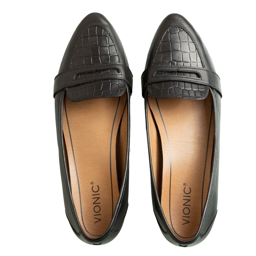 Women's Black Leather Croc Embossed Vionic Savannah Slip-On Flat Shoes - Size 9 - Picture 2 of 12